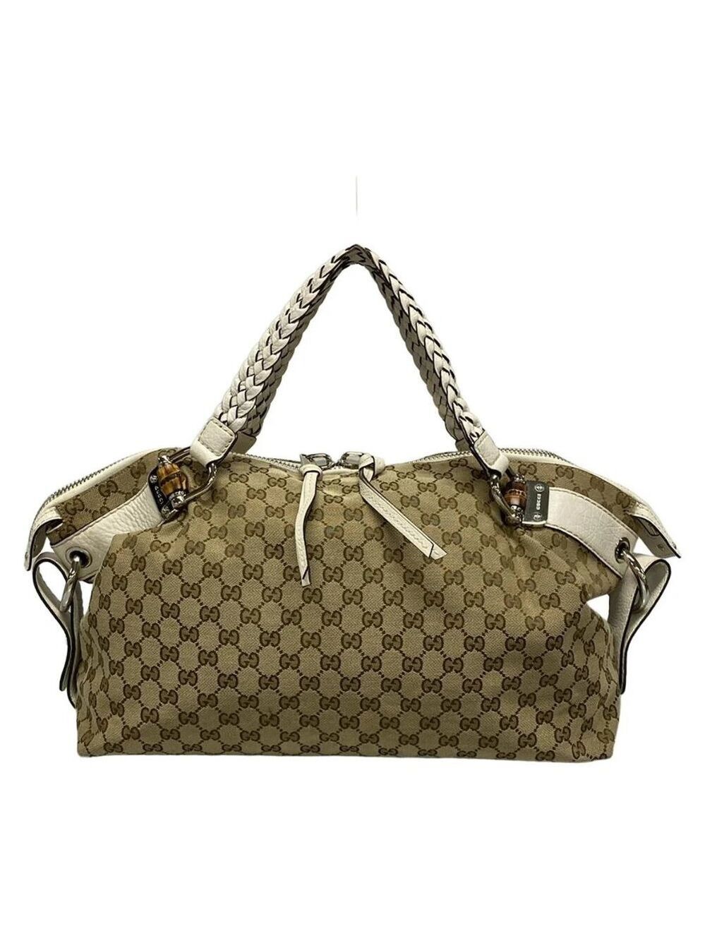 GUCCI GG Bamboo Dark Brown Beige White Jacquard Leather Handbag bran561-100625